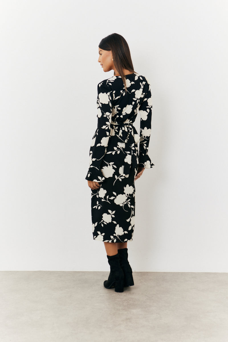 Floral Tie Wrap Detail Midi Dress