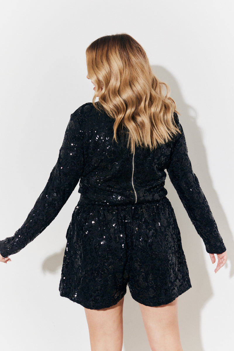 Sequin Lace Curve Hem Top