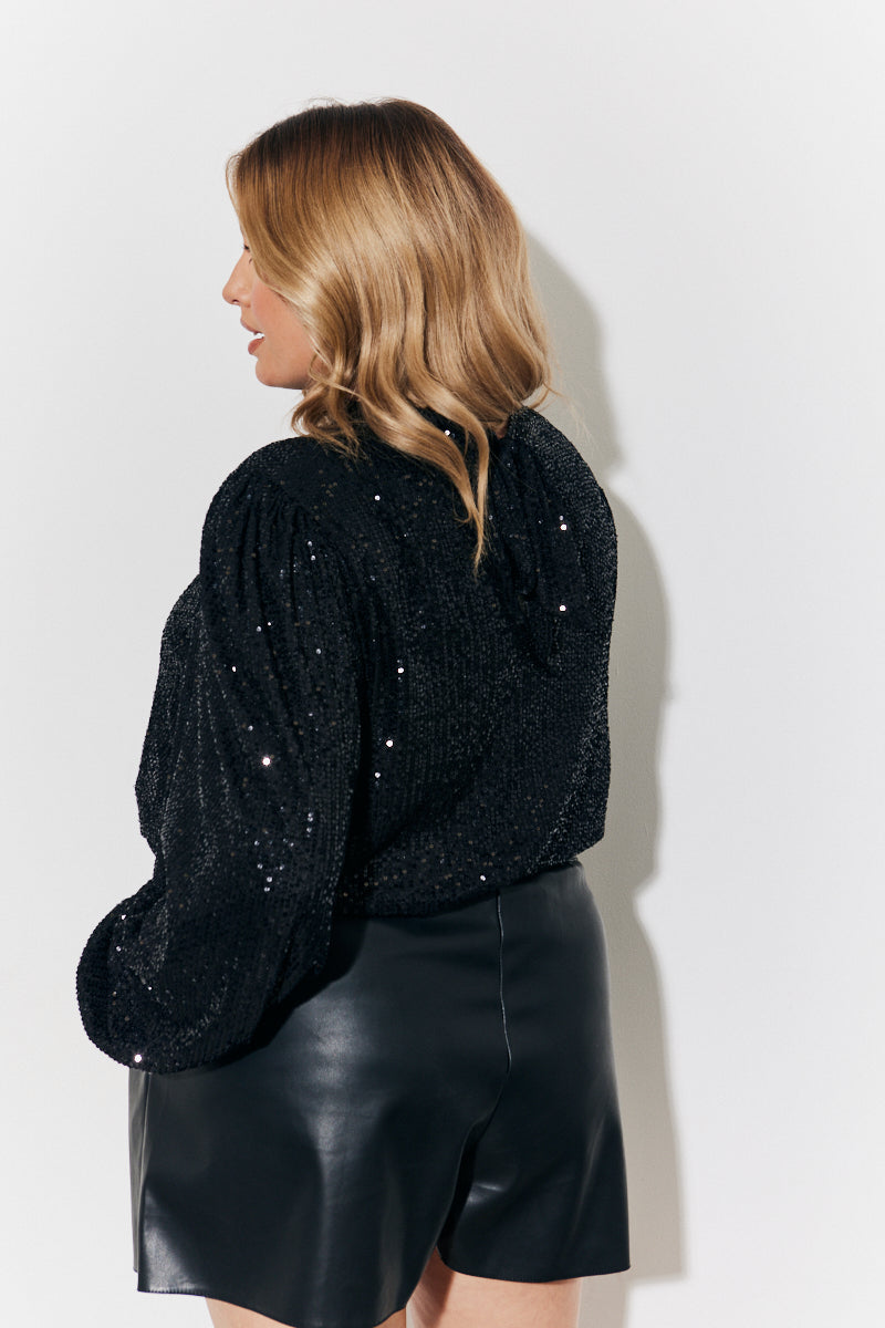 Tie Bow Back Sequin High Neck Blouse with Balloon Sleeve
