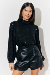 Tie Bow Back Sequin High Neck Blouse with Balloon Sleeve