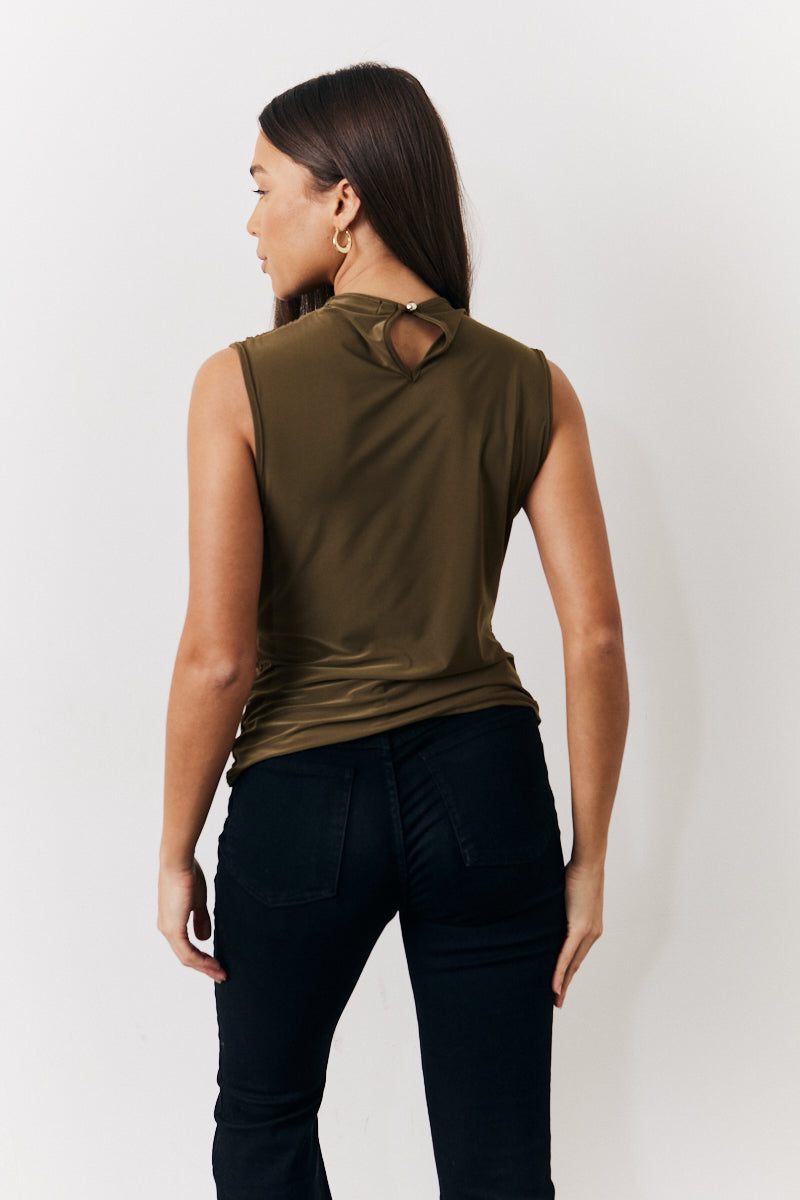 Khaki Slinky Cowl Front Sleeveless Top