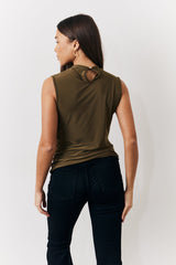 Khaki Slinky Cowl Front Sleeveless Top
