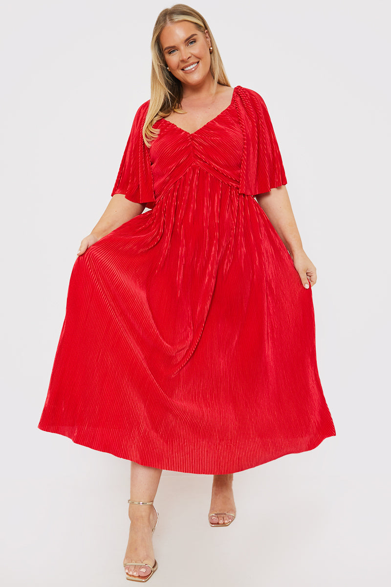 Pleated Flutter Sleeve Midi Dress
