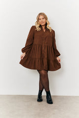 Corduroy Balloon Sleeve Button up Tiered Smock Dress