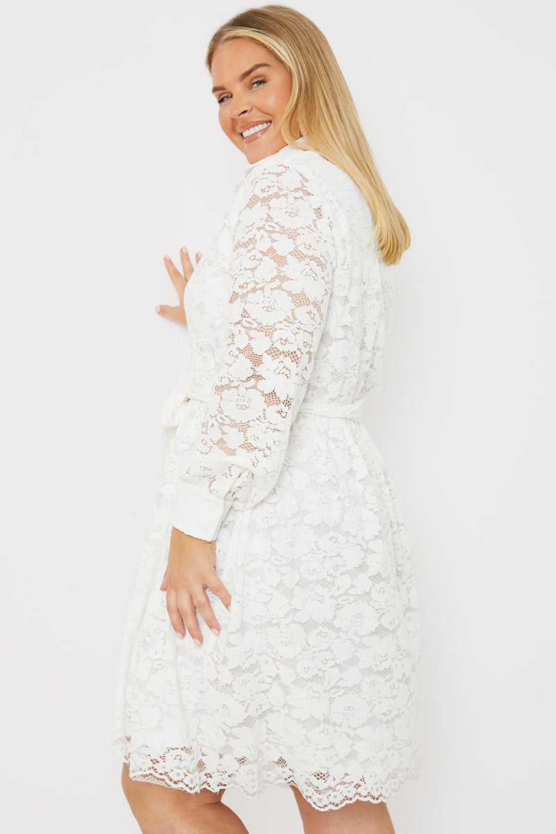 Lace Belted Button Up Mini Shirt Dress