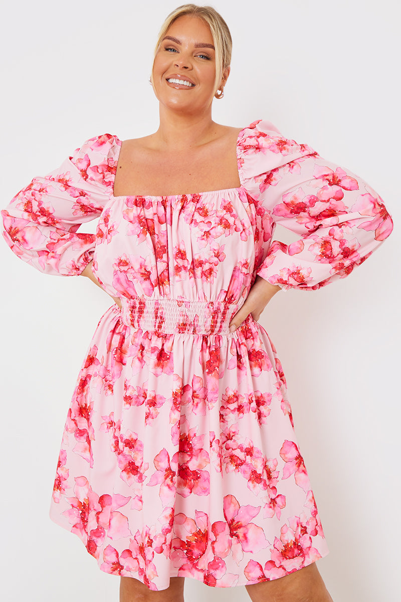 FLORAL SHIRRED WAIST MINI DRESS