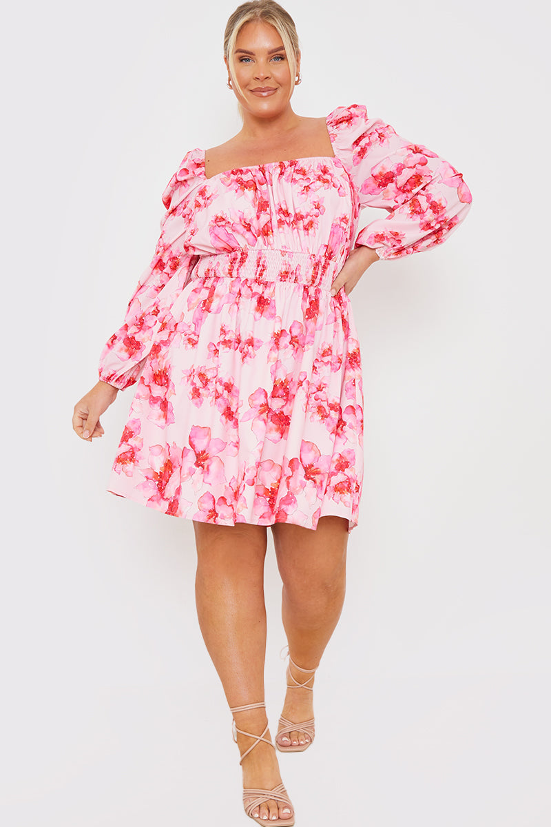 FLORAL SHIRRED WAIST MINI DRESS