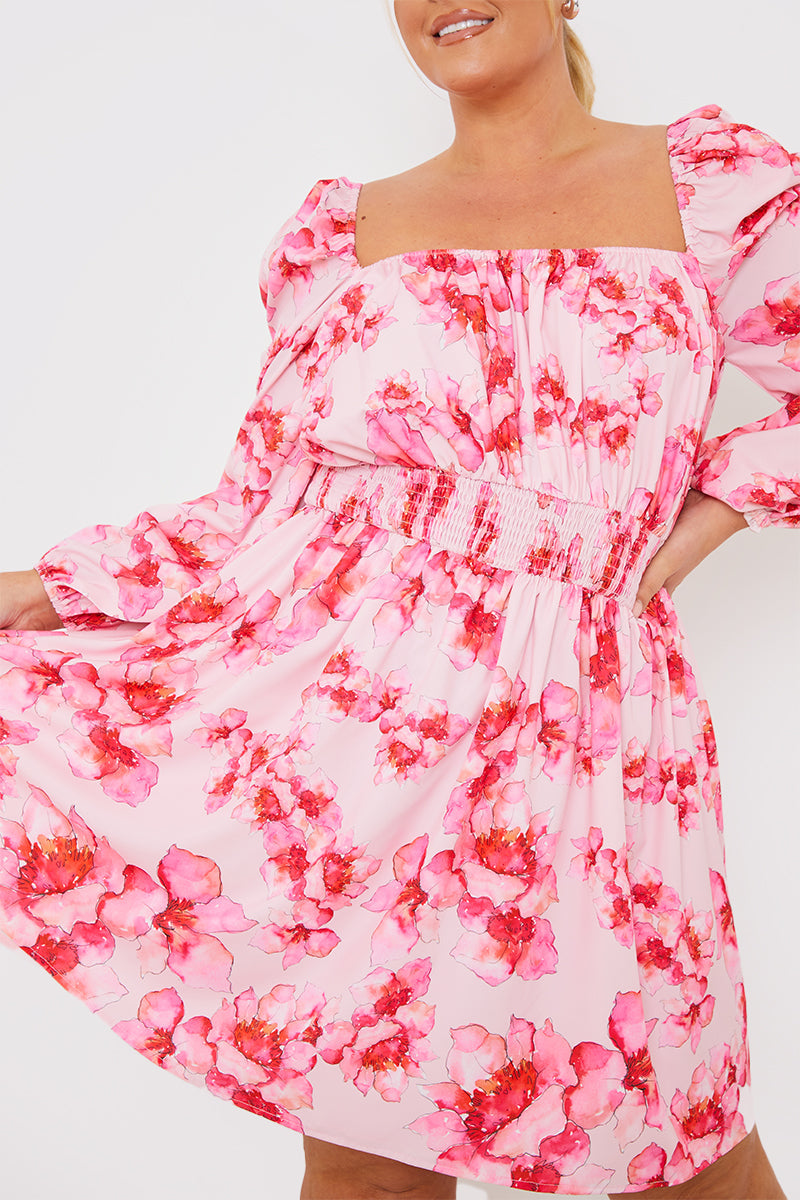 FLORAL SHIRRED WAIST MINI DRESS