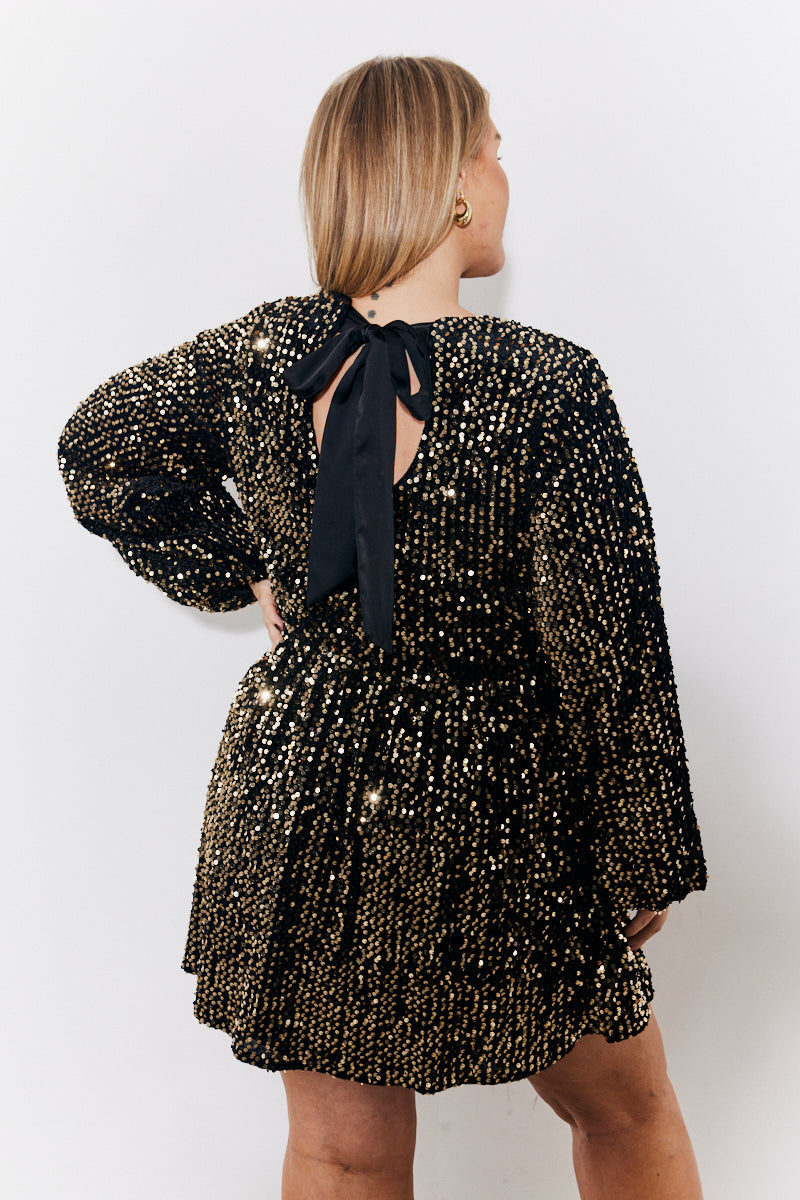 Gold Velvet Sequin Bow Back Smock Dress