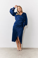 Navy Satin Wrap Midi Dress