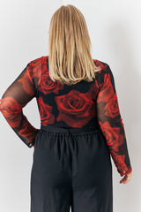 Mesh All Over Rose Print Long Sleeve Top