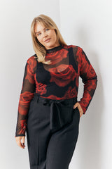 Mesh All Over Rose Print Long Sleeve Top