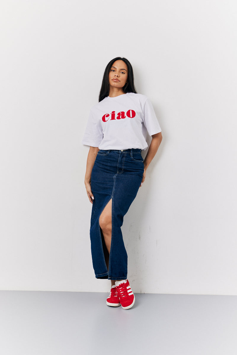 White Embroidered Ciao Slogan T-Shirt