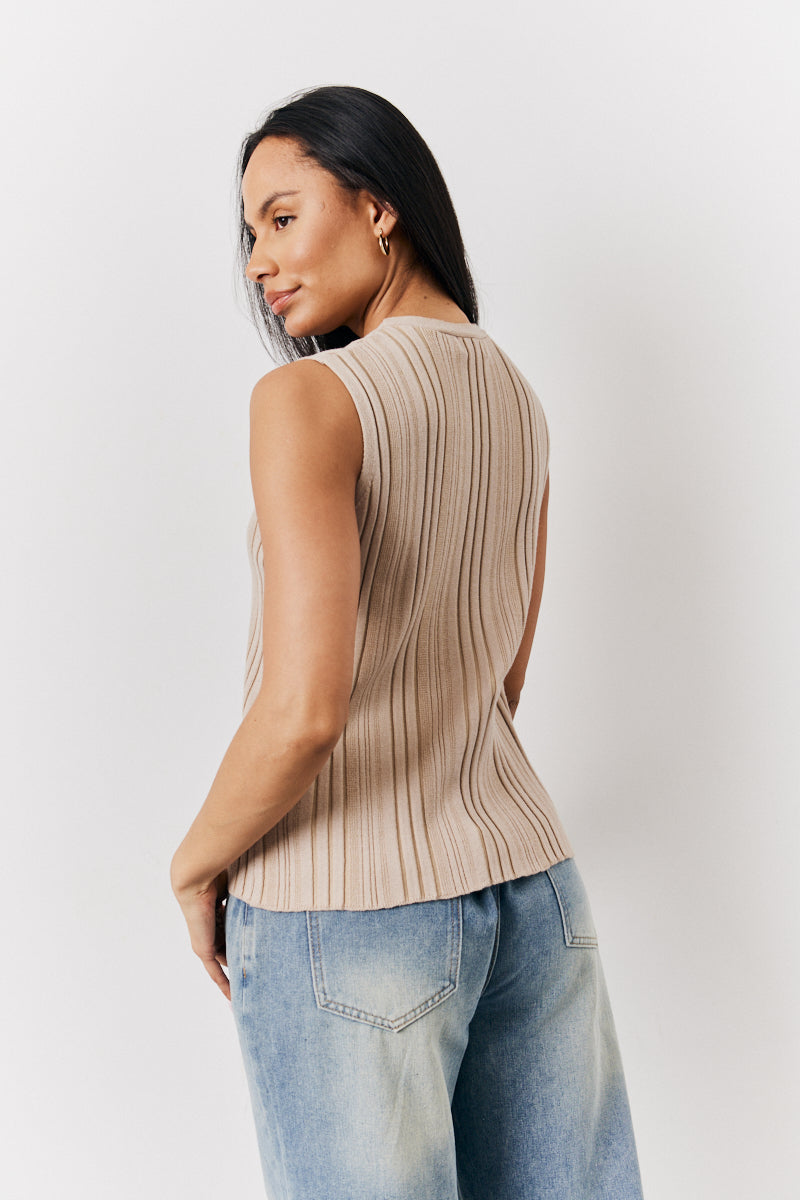 Mocha Ribbed Button Up Knitted Waistcoat