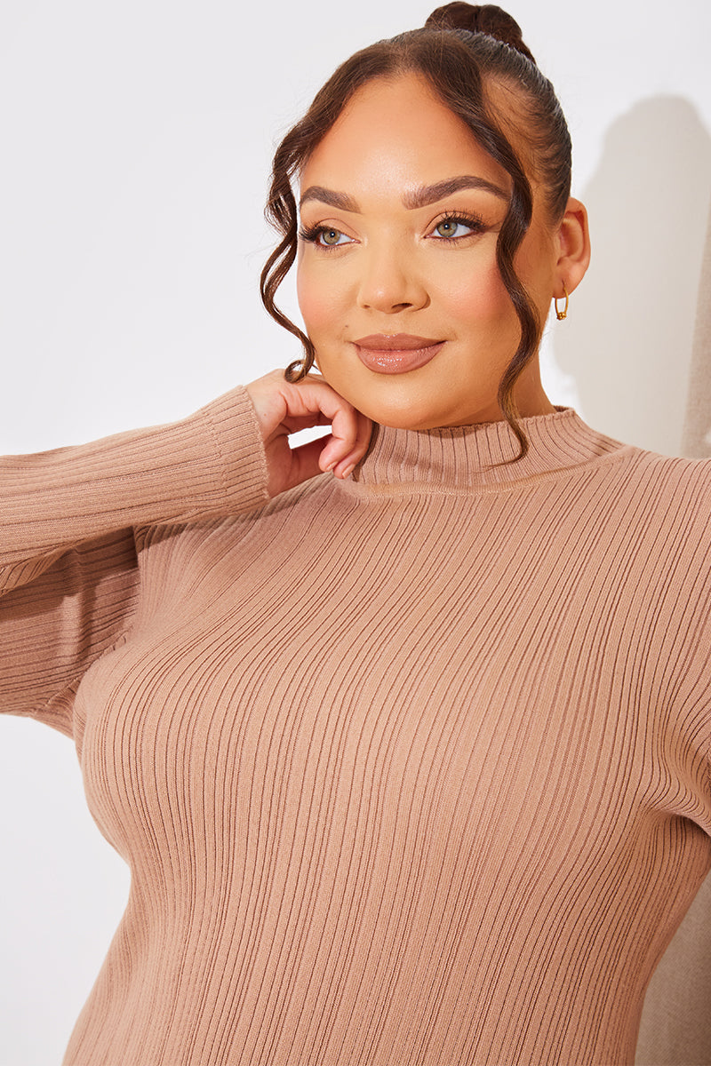 High Neck Variegated Rib Knit Midi Dress