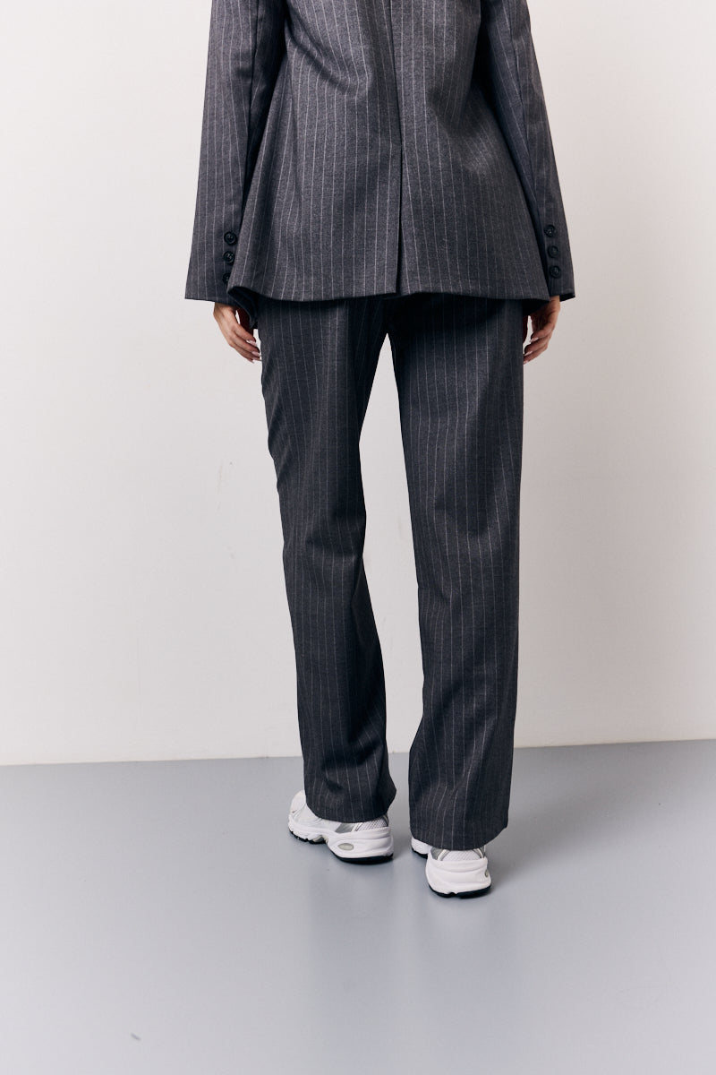 Grey Pinstripe Wide Leg Tailored Trouser