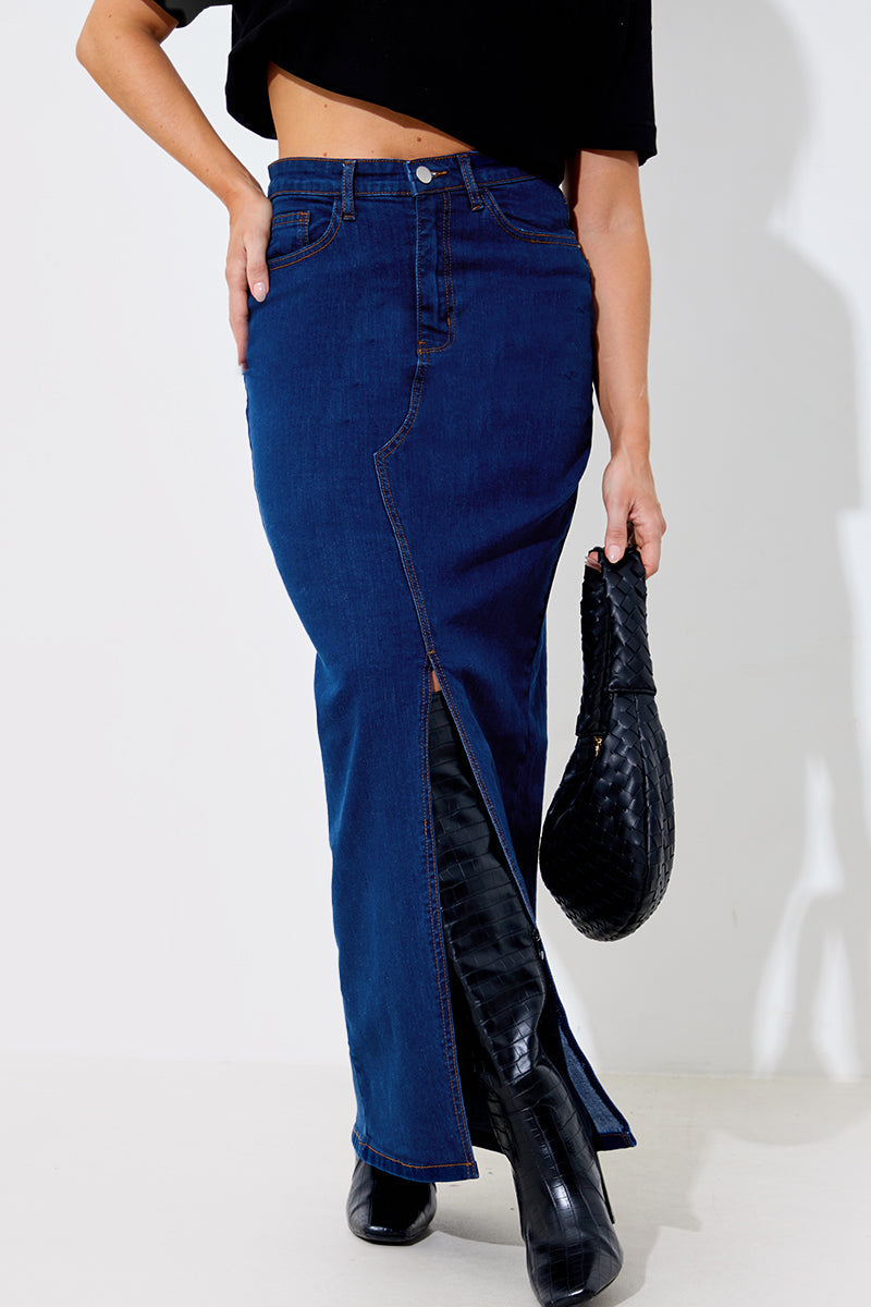 Split Detail Denim Maxi Skirt