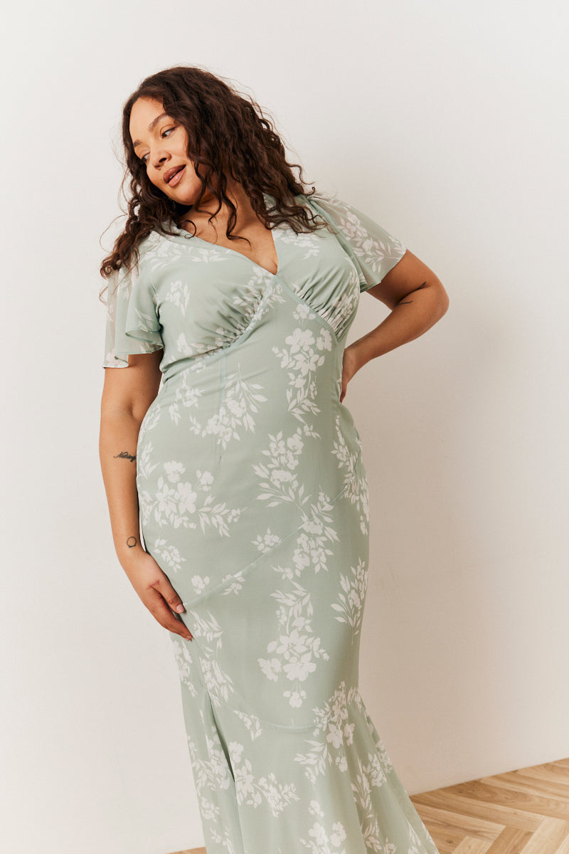 Sage Floral Print Chiffon Flutter Sleeve Maxi Dress