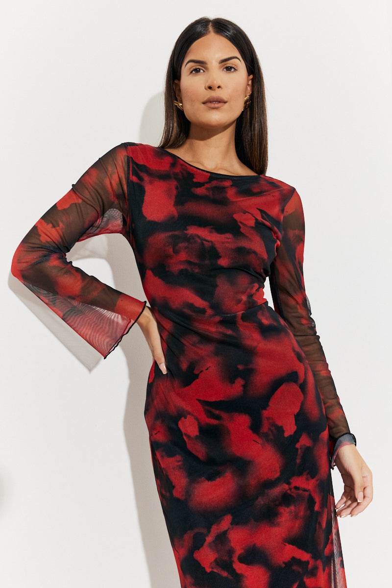 Abstract Print Mesh Open Back Detail Maxi Dress
