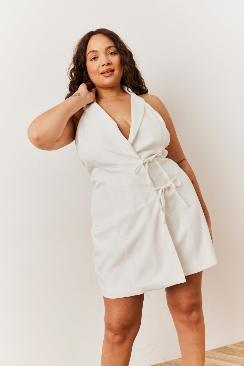 White Tailored Halterneck Mini Dress with Bow Detail