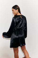 Satin Balloon Sleeve Belted Mini Dress