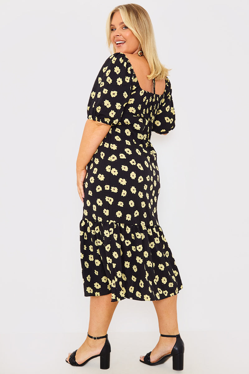 Floral Plunge Short Sleeve Midi Dress