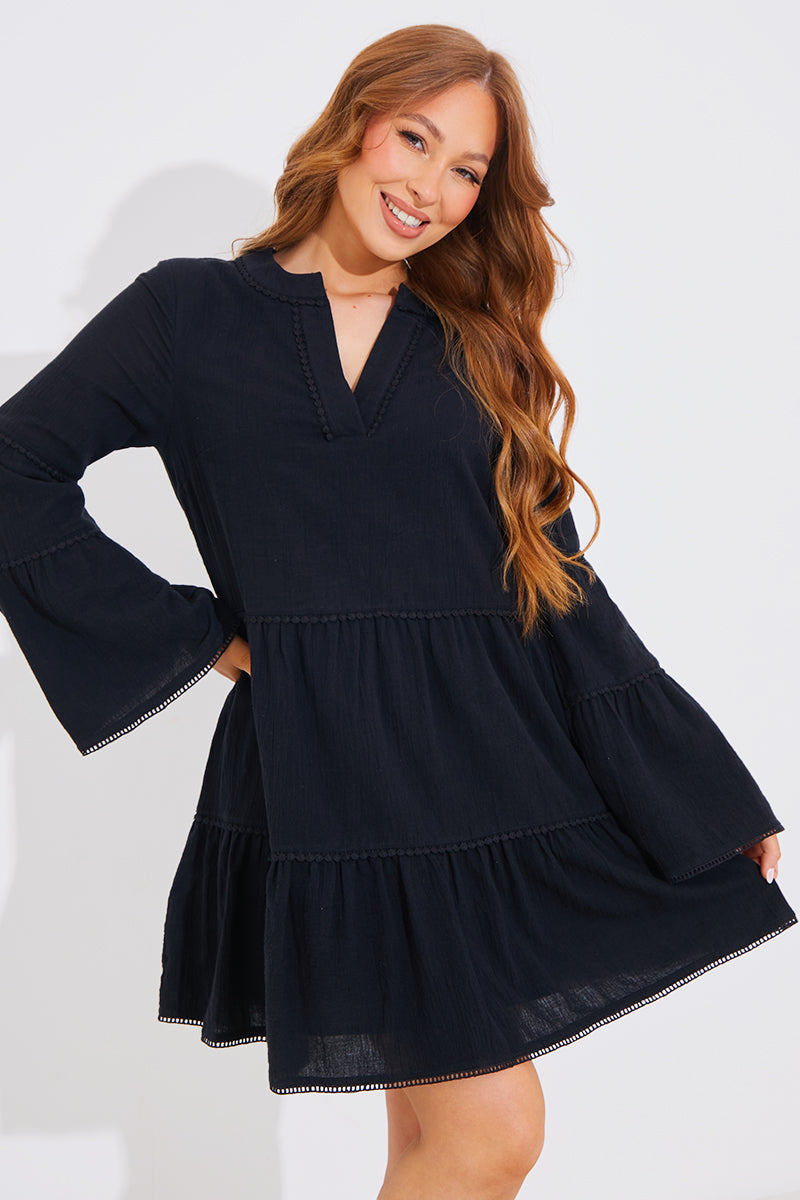 Trim Detail Tiered Long Sleeve Smock Dress
