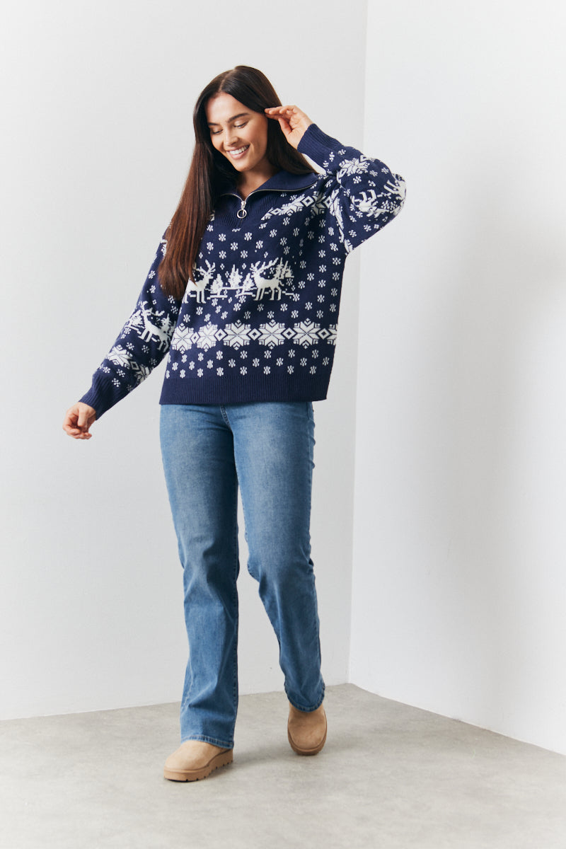 Half Zip Reindeer Fairisle Knitted Jumper