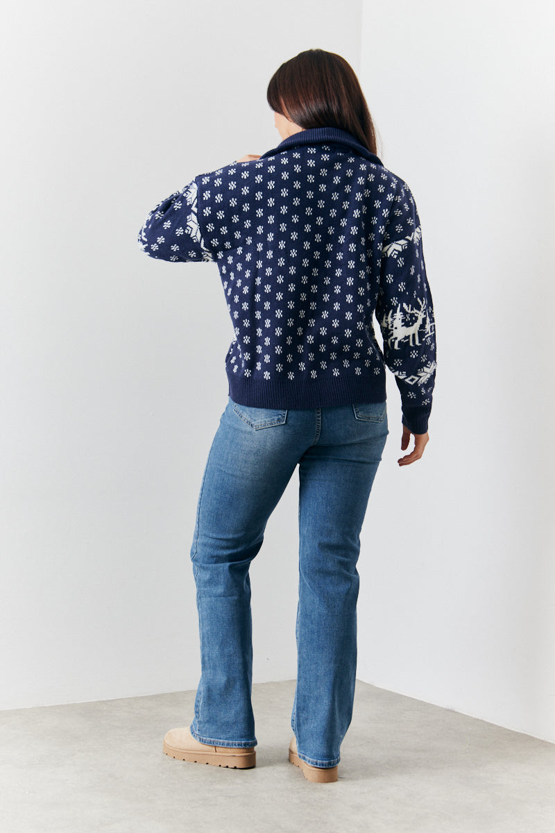 Half Zip Reindeer Fairisle Knitted Jumper
