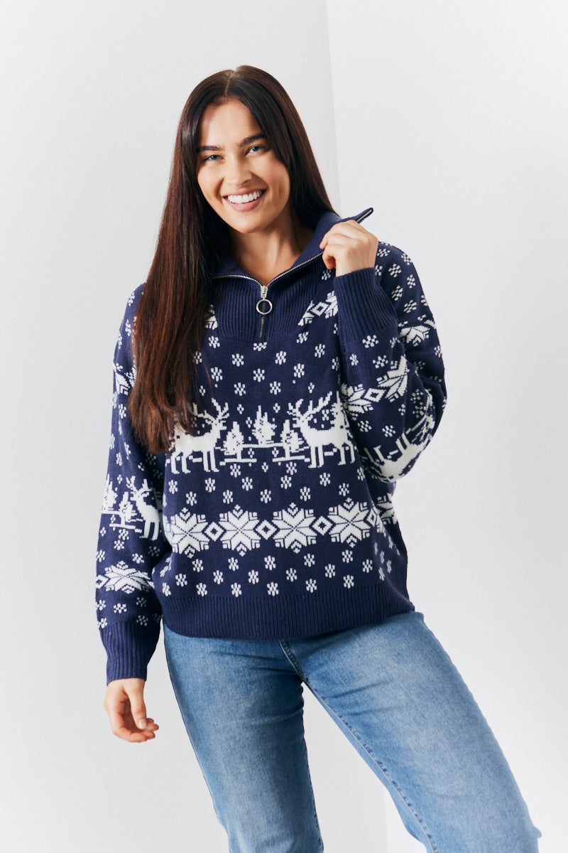 Half Zip Reindeer Fairisle Knitted Jumper