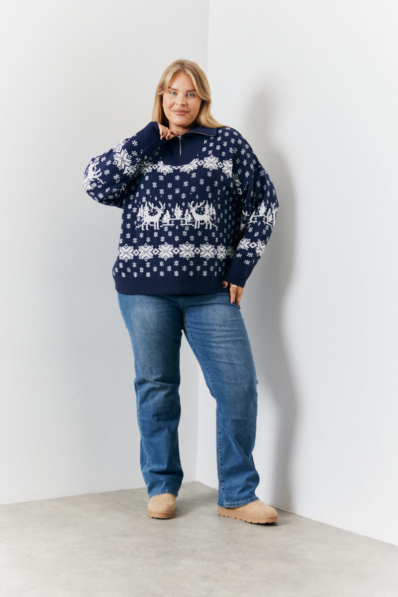 Half Zip Reindeer Fairisle Knitted Jumper