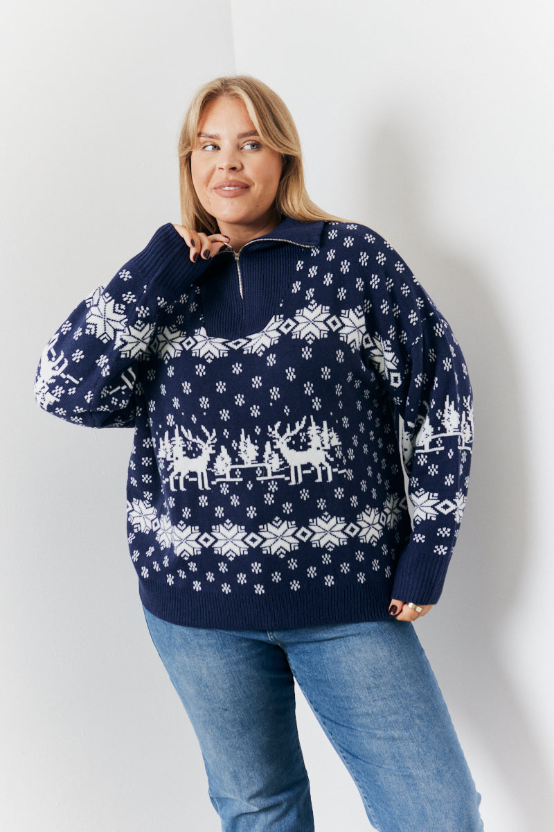 Half Zip Reindeer Fairisle Knitted Jumper