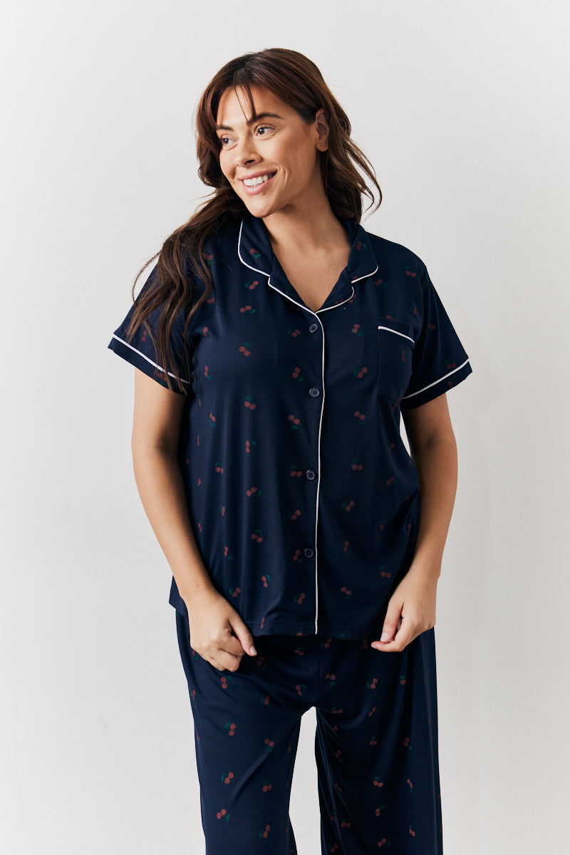 Navy Cherry Print Shirt and Trouser PJ Set