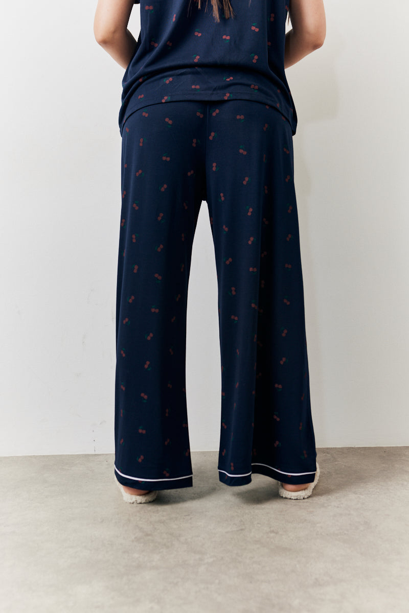 Navy Cherry Print Shirt and Trouser PJ Set