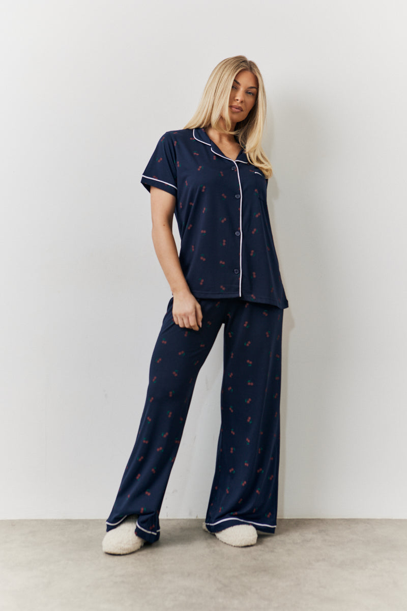 Navy Cherry Print Shirt and Trouser PJ Set