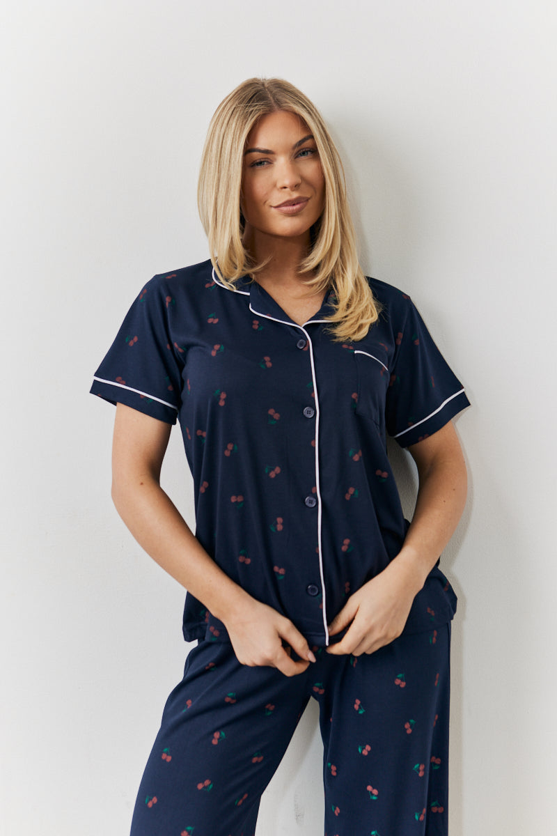 Navy Cherry Print Shirt and Trouser PJ Set