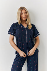 Navy Cherry Print Shirt and Trouser PJ Set