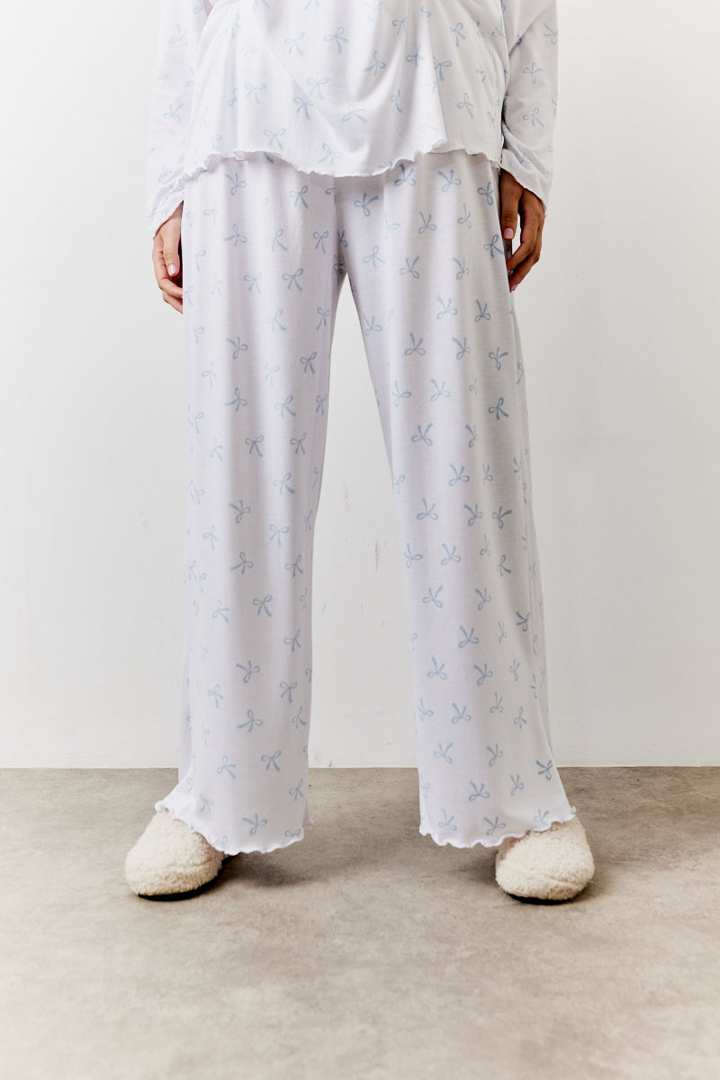 White Bow Print Long Sleeve Top and Trouser PJ Set