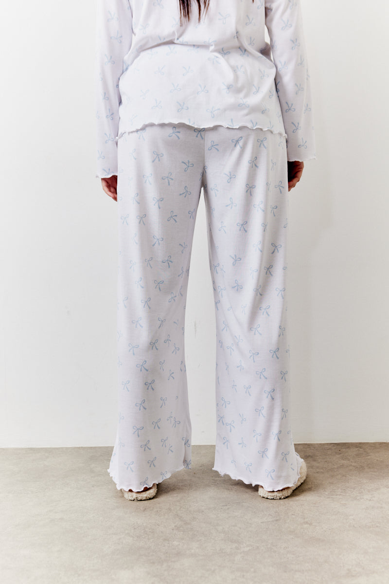 White Bow Print Long Sleeve Top and Trouser PJ Set