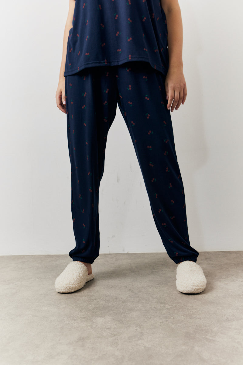 Navy Cherry Print T Shirt and Cuff Jogger Pj Set