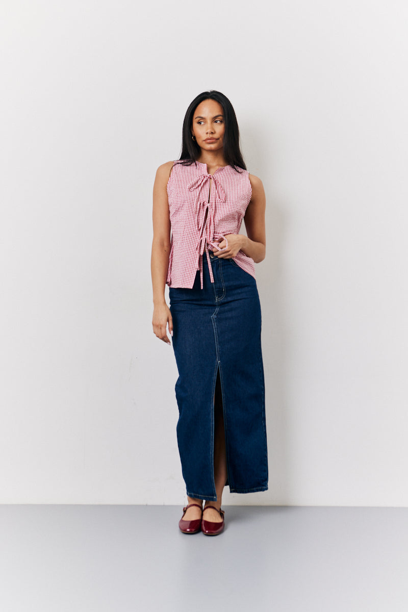 Red Seersucker Gingham Tie Front Top