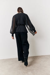 Black Polka Dot Tie Neck Blouse