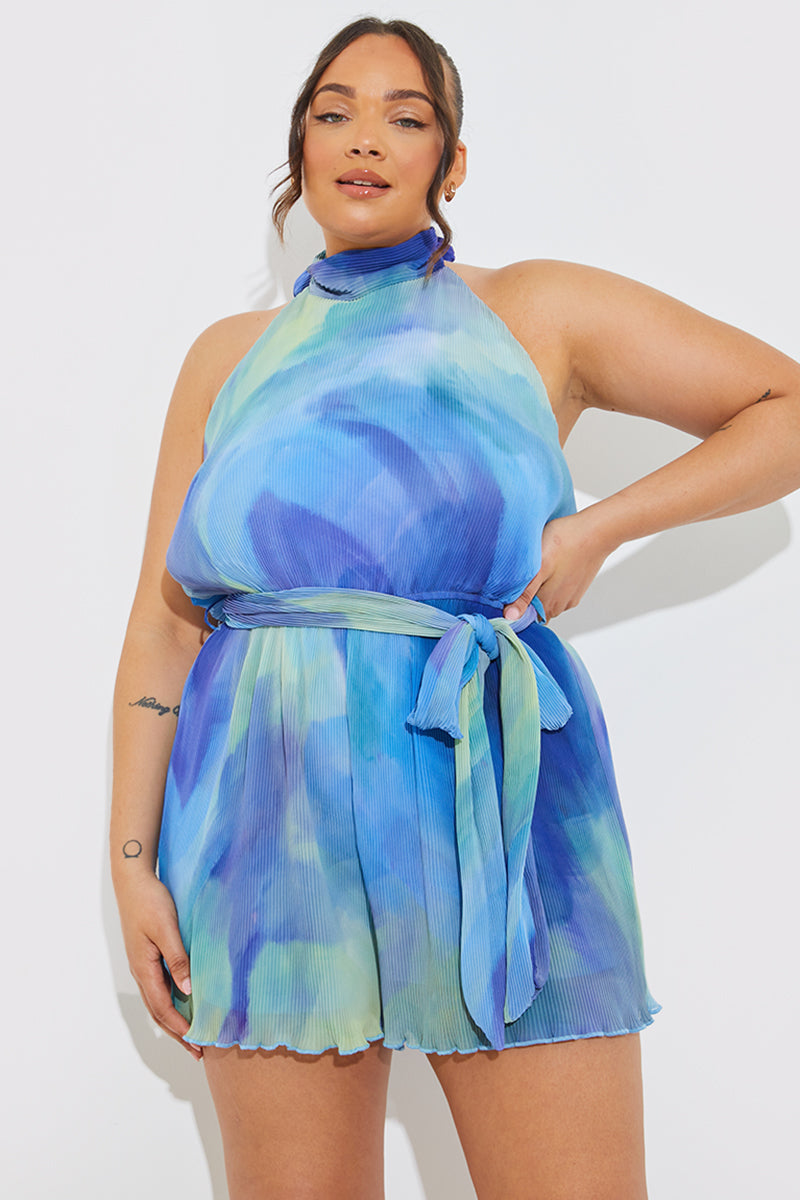 Plisse Abstract Halterneck Belted Playsuit