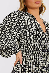 Geo Print Shirred Waist Skater Dress