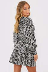Geo Print Shirred Waist Skater Dress