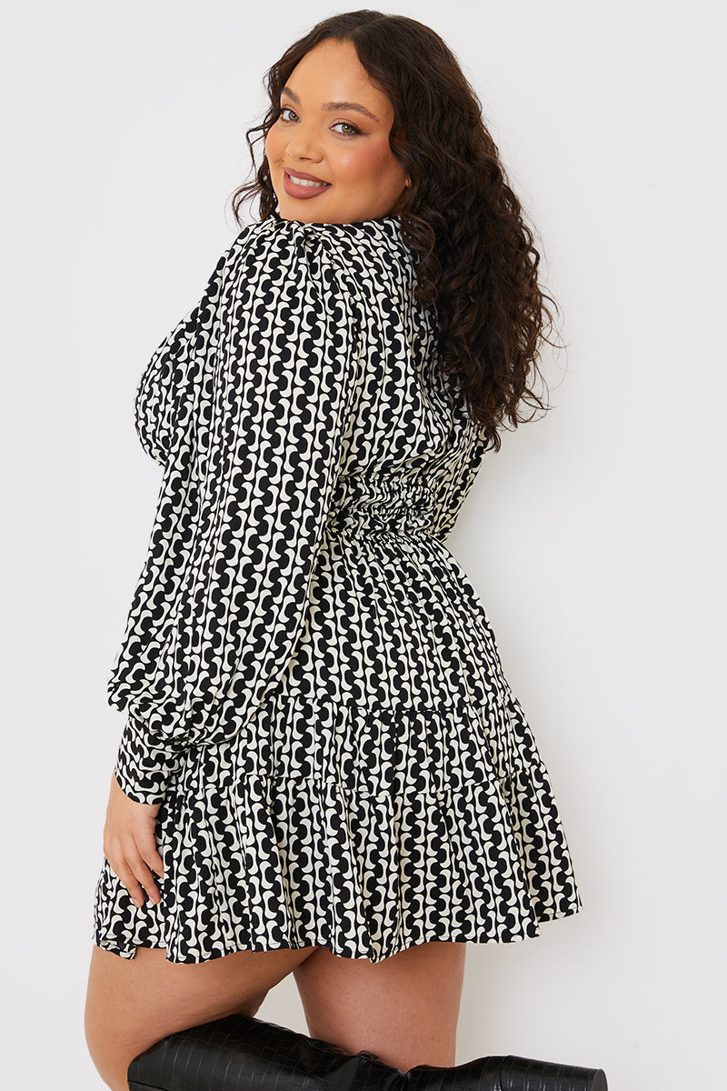 Geo Print Shirred Waist Skater Dress