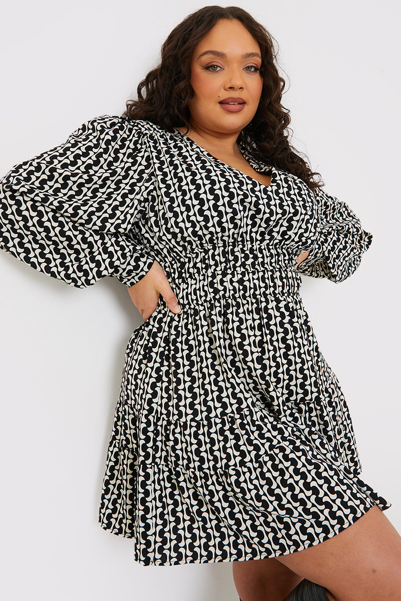 Geo Print Shirred Waist Skater Dress