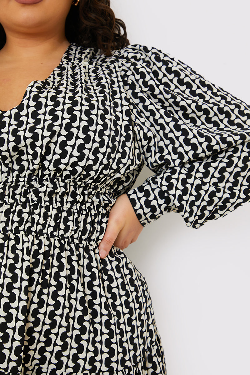 Geo Print Shirred Waist Skater Dress