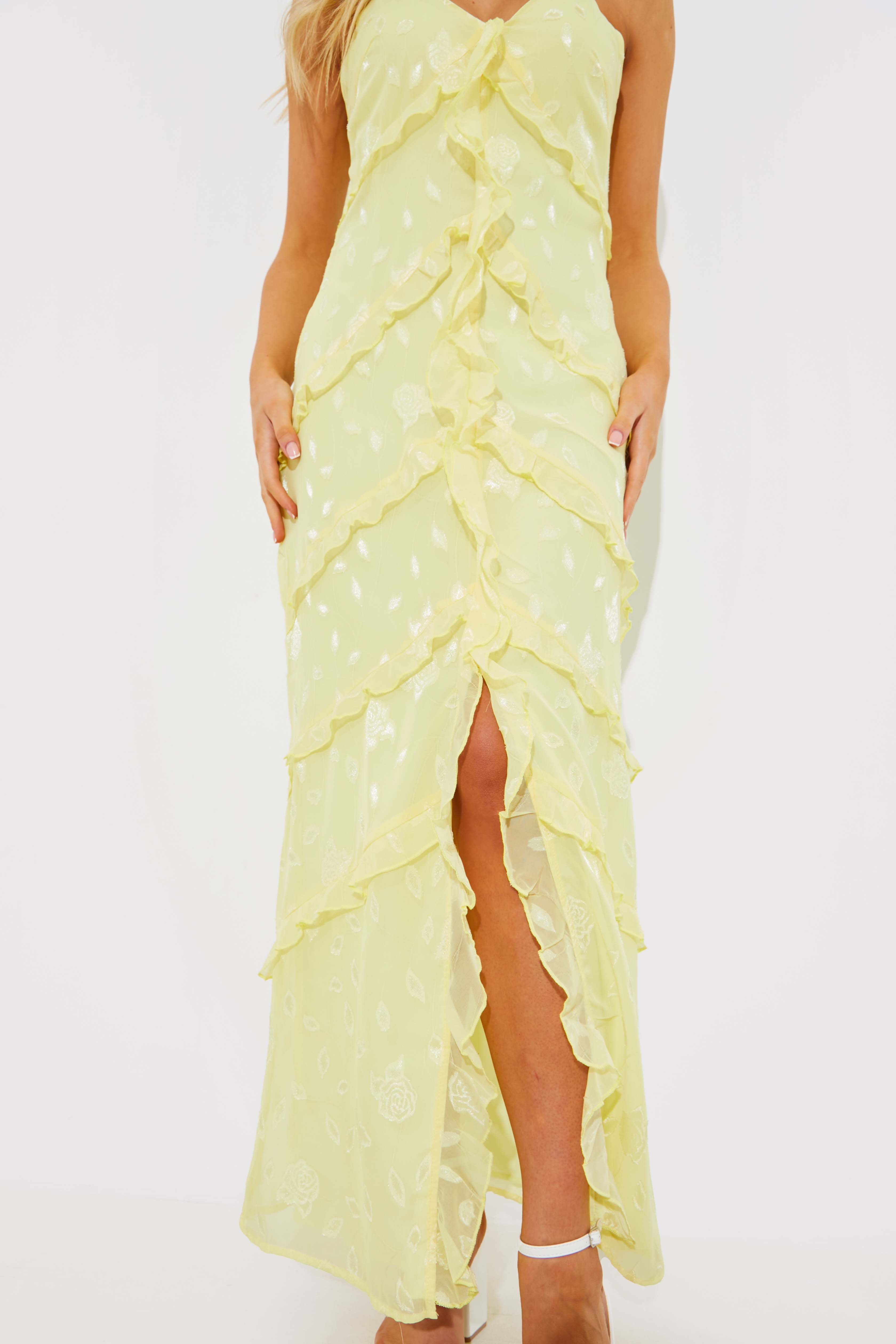 Strappy Floral Jacquard Ruffle Maxi Dress