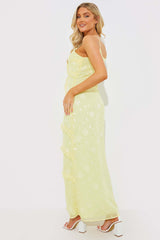 Strappy Floral Jacquard Ruffle Maxi Dress